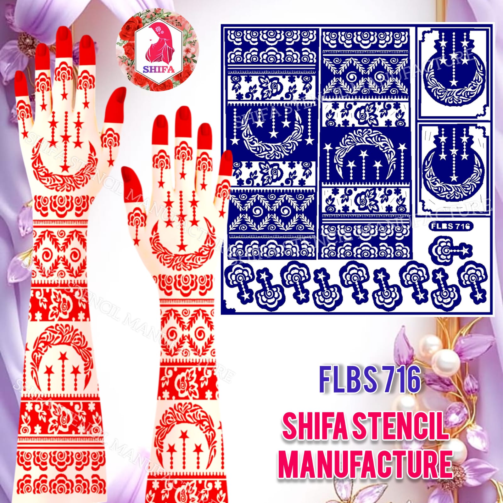 FLBS 716 Moon Lantern Floral Mehndi Sticker Overview Henna Stencil - Shifa Stencil